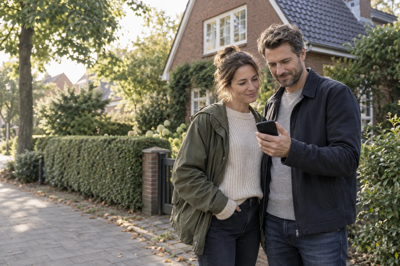 Ein Paar betrachtet in einem Wohnviertel gemeinsam ein Angebot auf dem Smartphone