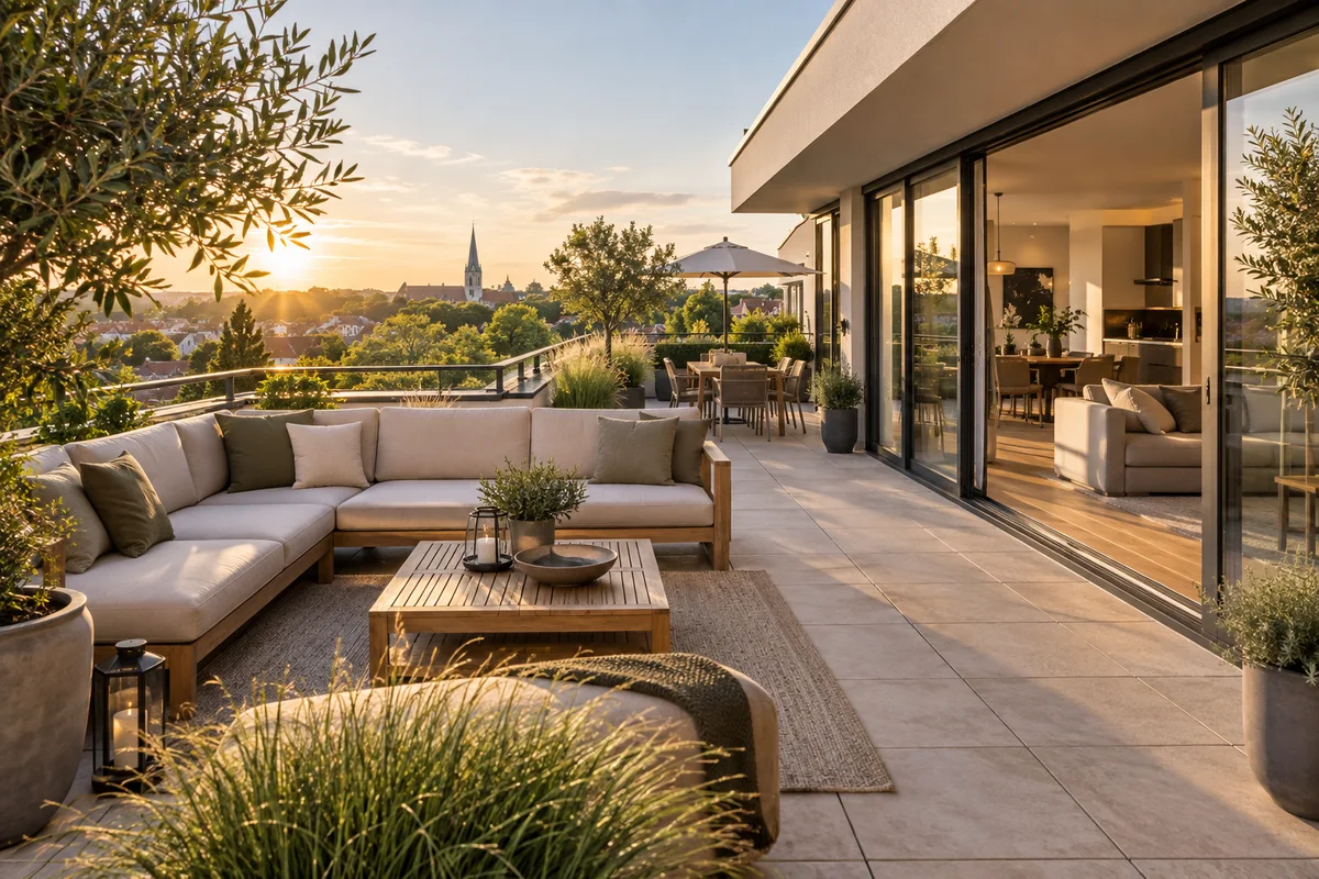 Dachterrasse mit sichtbarem Zugang zur Wohnung
