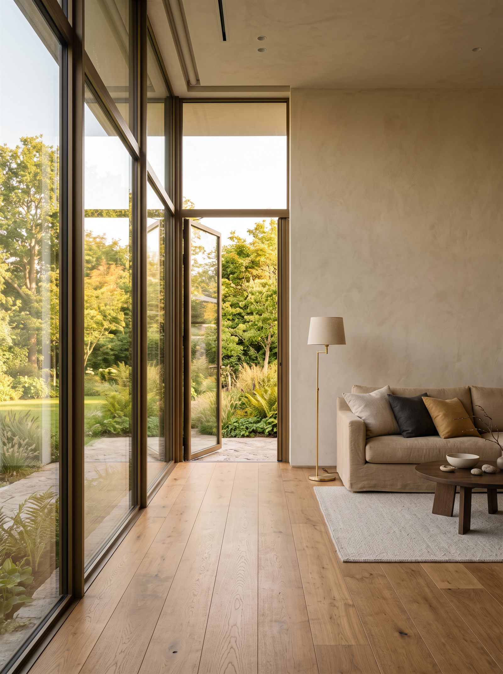 Wohnraum mit bodentiefen Fenstern und Blick in den Garten