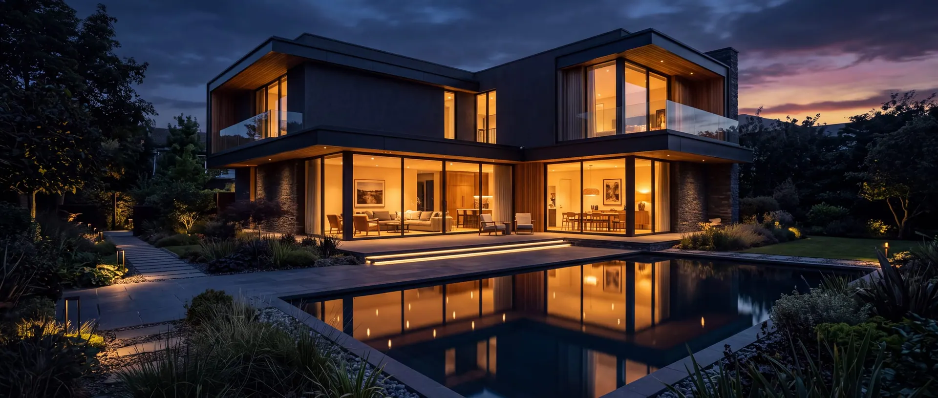 Moderne Villa mit beleuchteter Glasfassade und Pool im Abendlicht