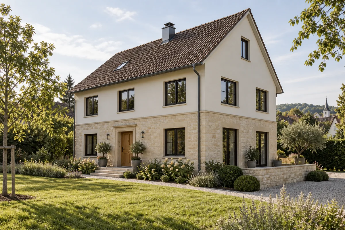 Einfamilienhaus mit Satteldach, Garten und Holzfenstern
