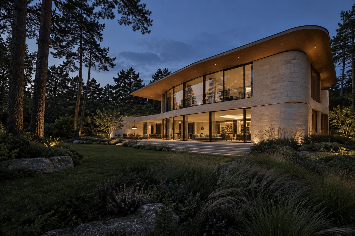Architektenvilla im Wald als Motiv für das fiktive Designkonzept AUREL