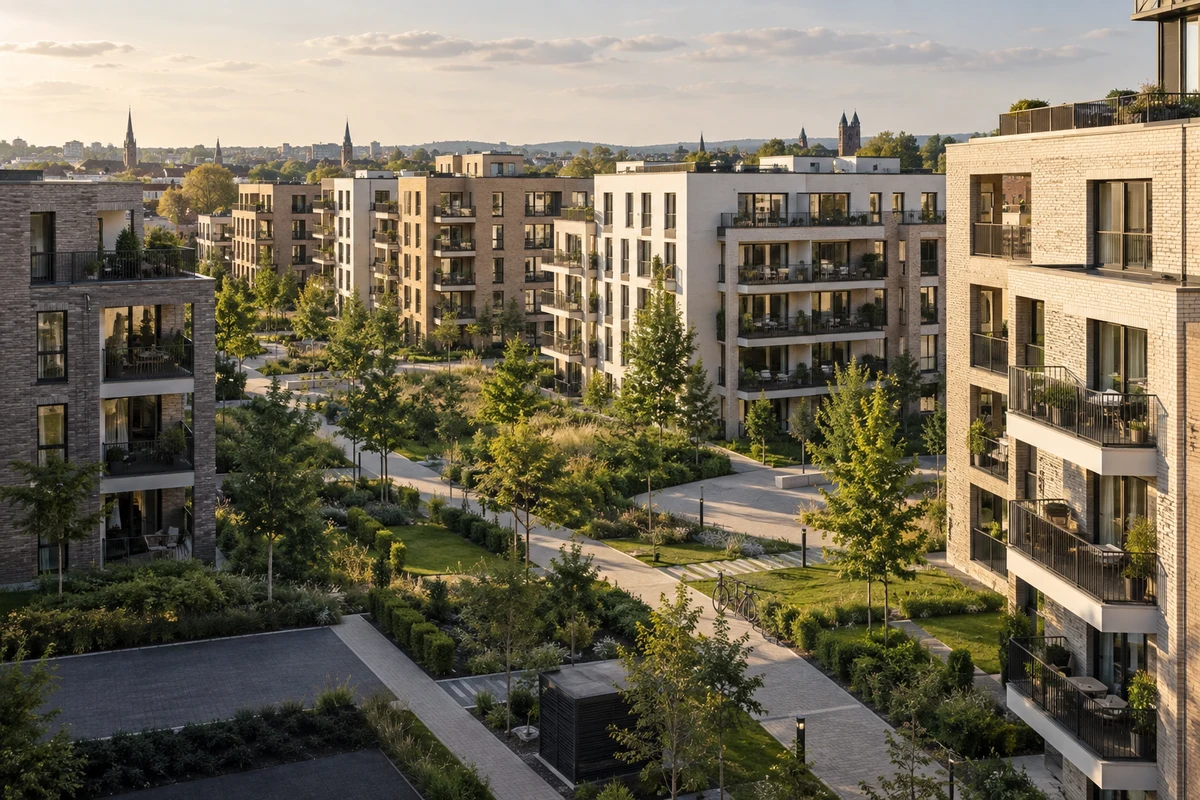 Modernes Wohnquartier mit mehreren Mehrfamilienhäusern und begrünten Innenhöfen