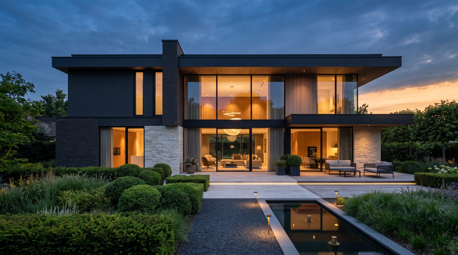 Modernes Wohnhaus zur blauen Stunde
