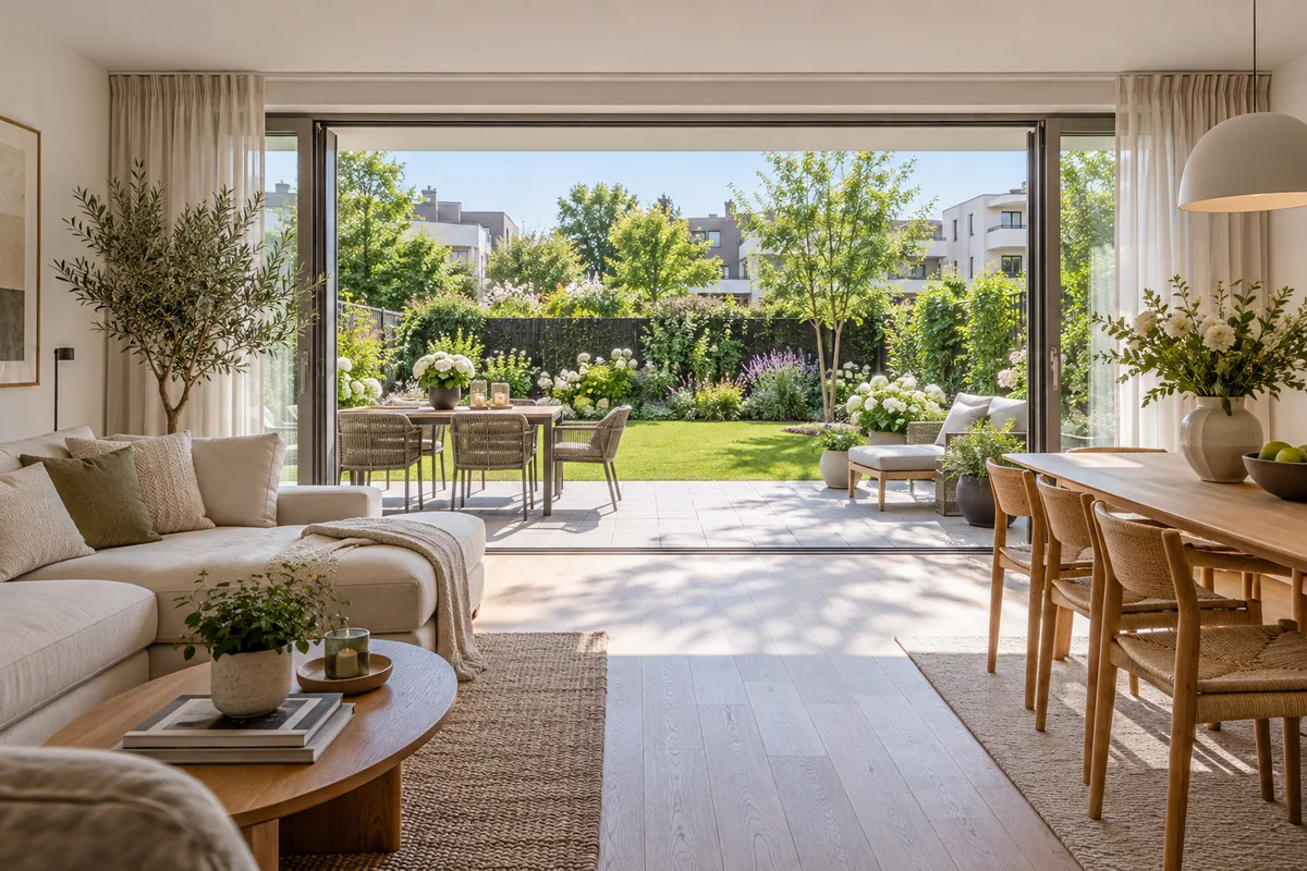 Gartenwohnung mit offenem Übergang vom Wohnbereich zur Terrasse und zum privaten Garten