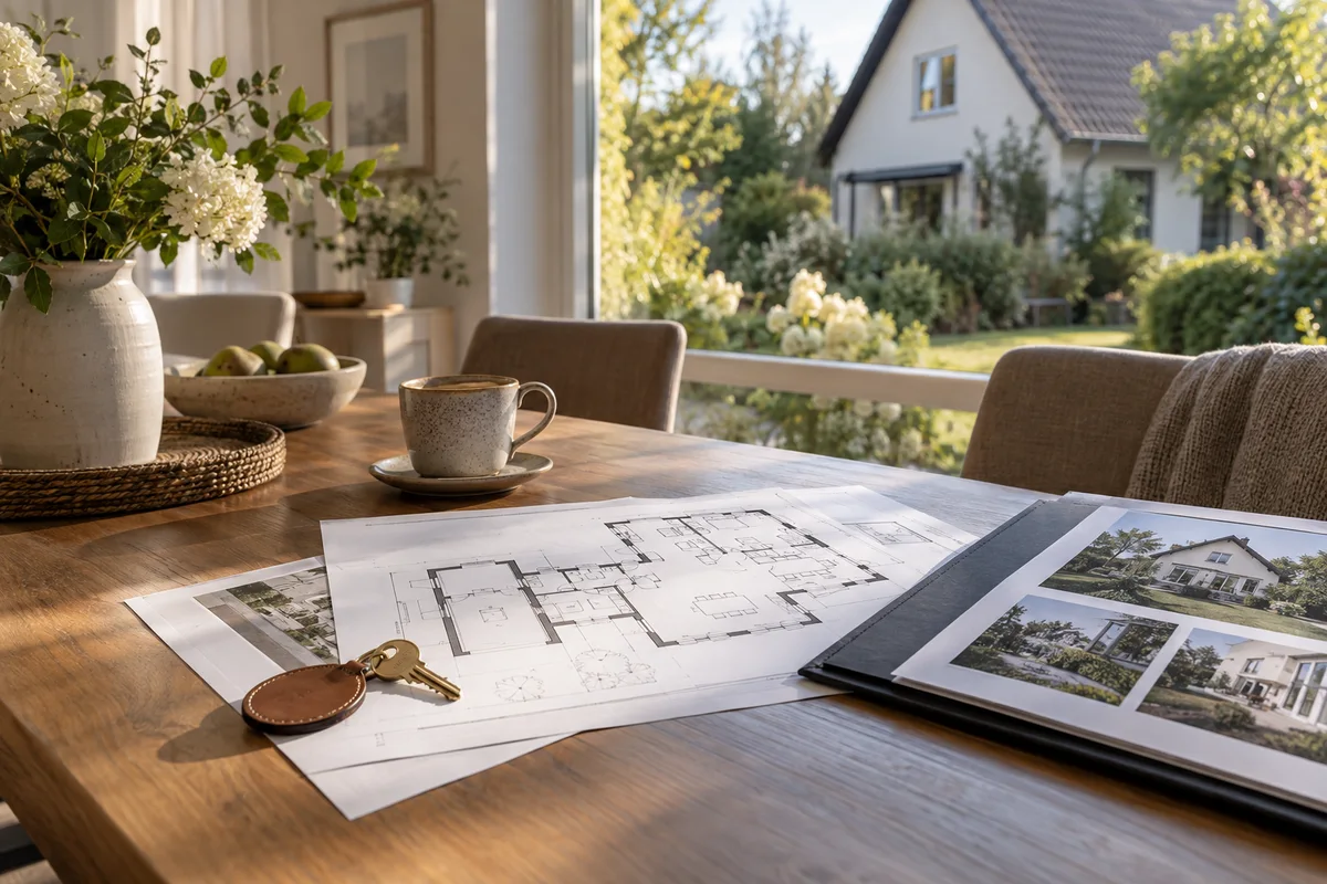 Grundriss, Objektunterlagen und Schlüssel zur Vorbereitung eines Hausverkaufs